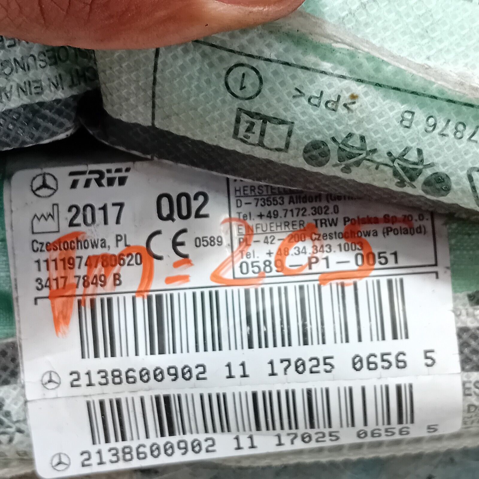 2021-2024 MERCEDES E CLASS  AIR BAG PASSENGER NEAR SIDE LEFT 2138600902 FM205
