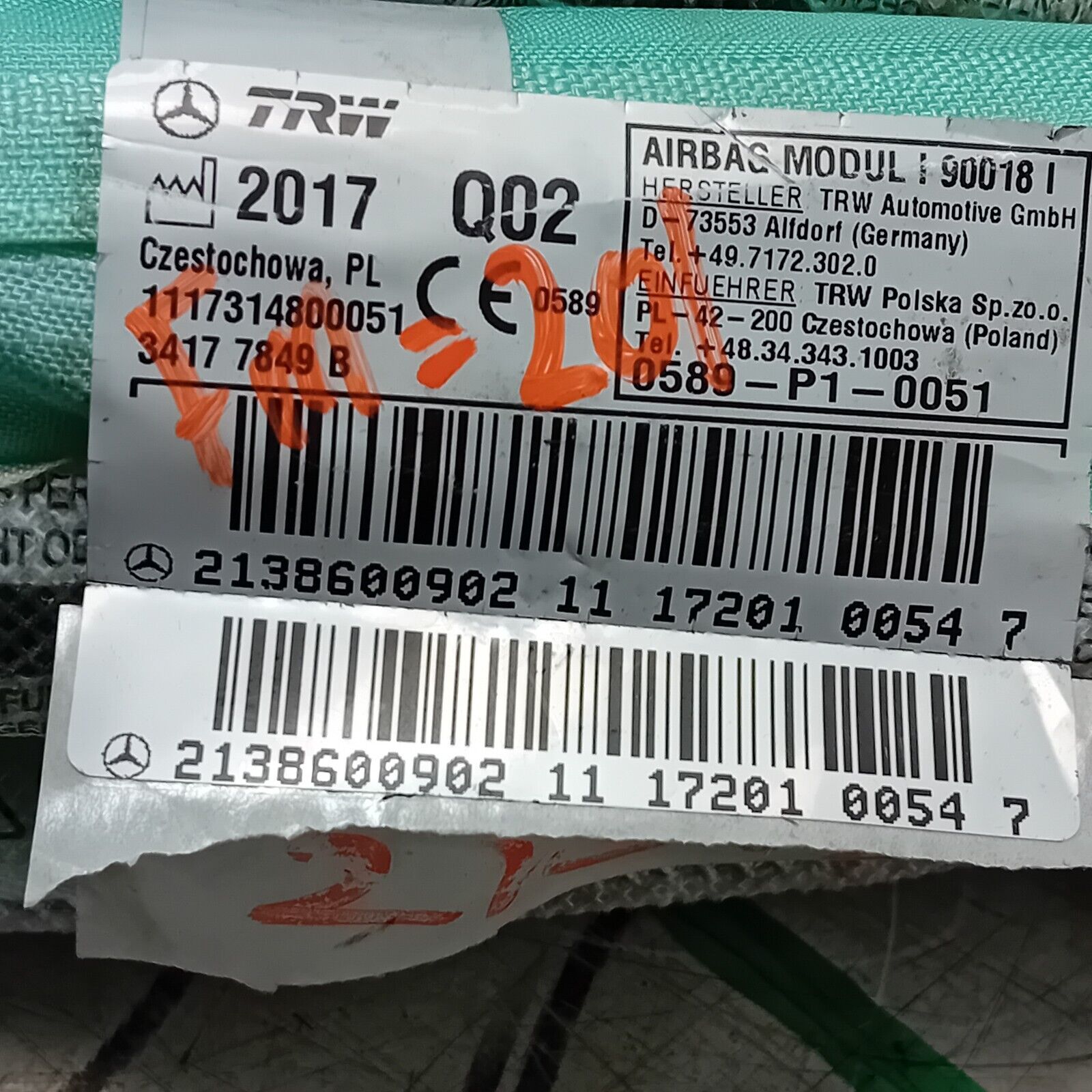 2021-2024 MERCEDES E CLASS  AIR BAG PASSENGER NEAR SIDE LEFT 2138600902 FM201