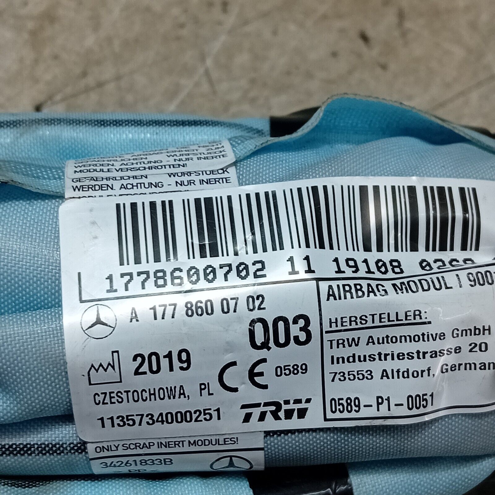 2018-23 MERCEDES A CLASS W177 CURTAIN AIRBAG PASSENGER SIDE LEFT A1778600702