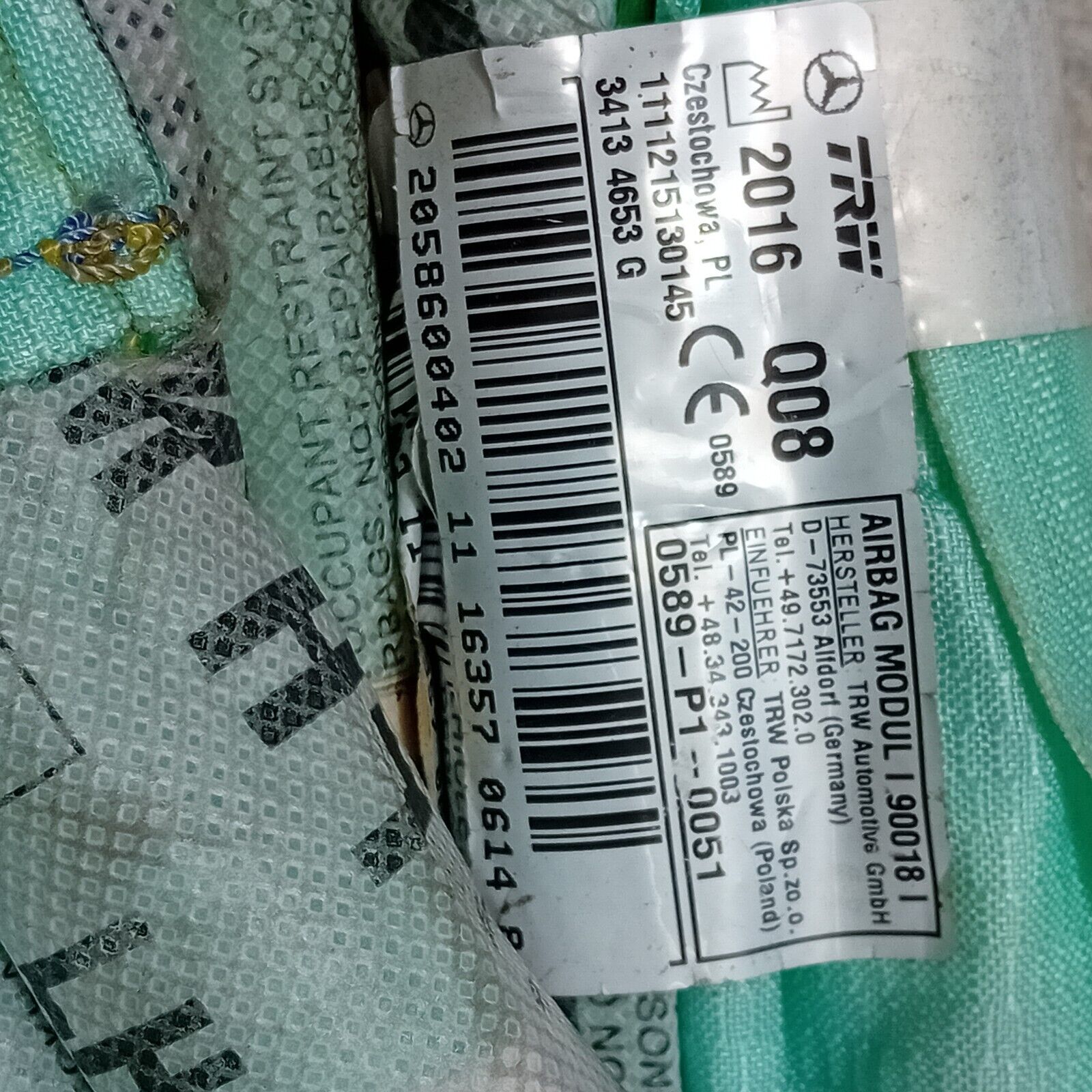 MERCEDES C CLASS W205 ROOF CURTAIN AIRBAG PASSENGER SIDE A2058600402 FM118