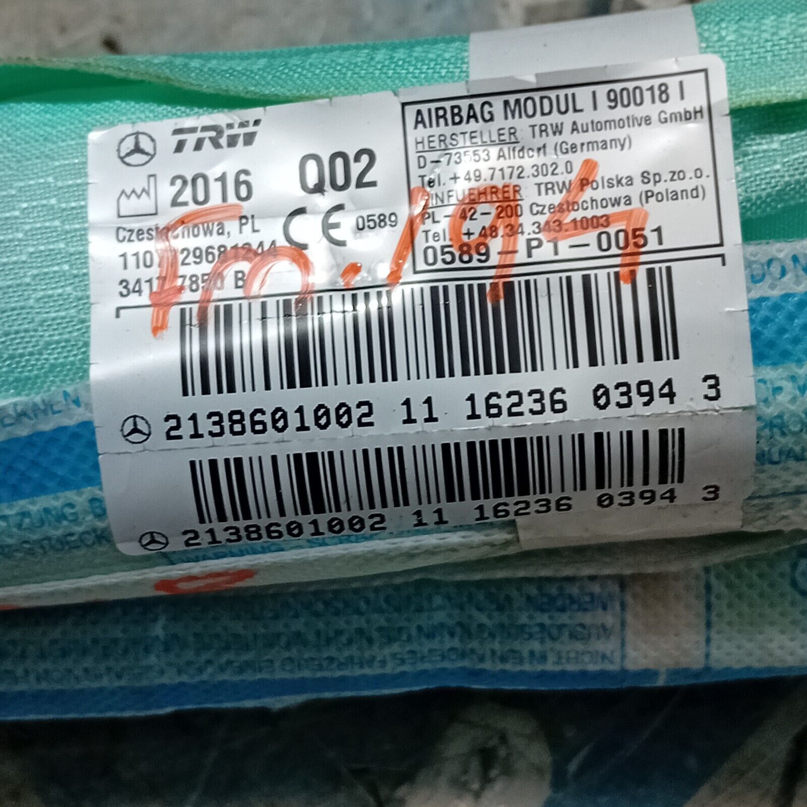 2021-2024 MERCEDES E CLASS  AIR BAG PASSENGER NEAR SIDE LEFT 2138600902 FM194