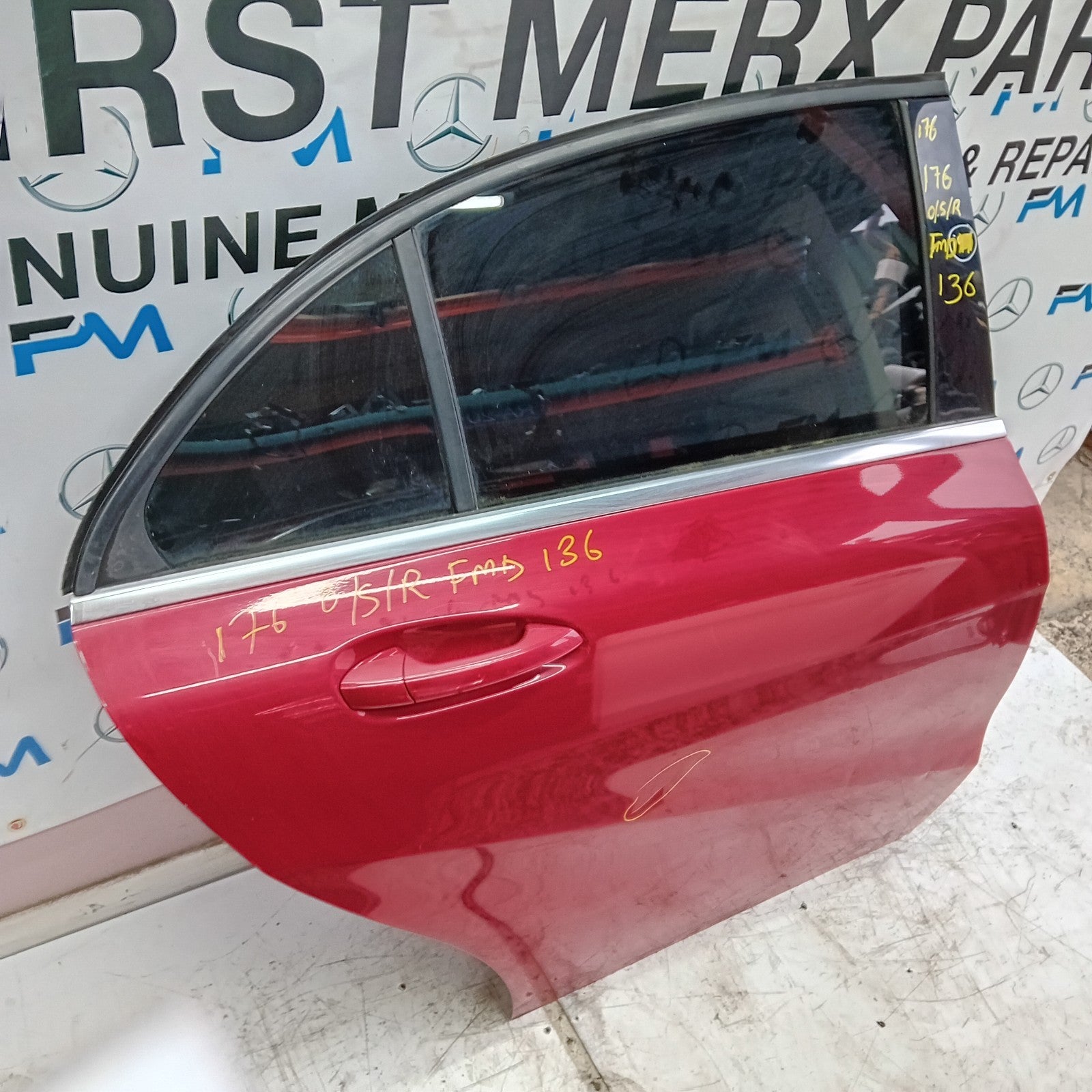 MERCEDES BENZ  A-CLASS W176 DRIVER SIDE REAR DOOR O/S/R RED COMPLETE FMD136