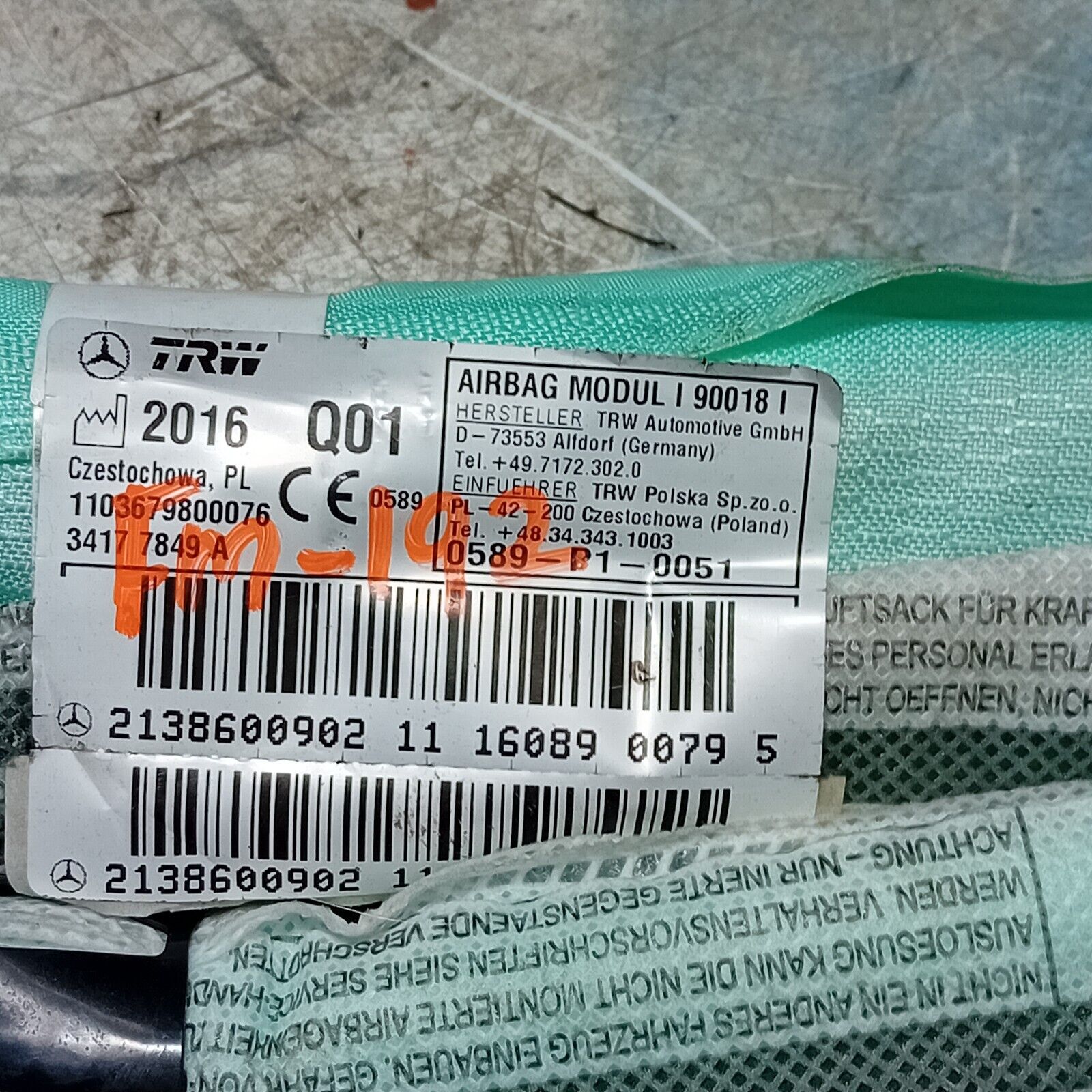 21-24 MERCEDES E CLASS W213 AIR BAG PASSENGER NEAR SIDE LEFT A2138600902 FM192