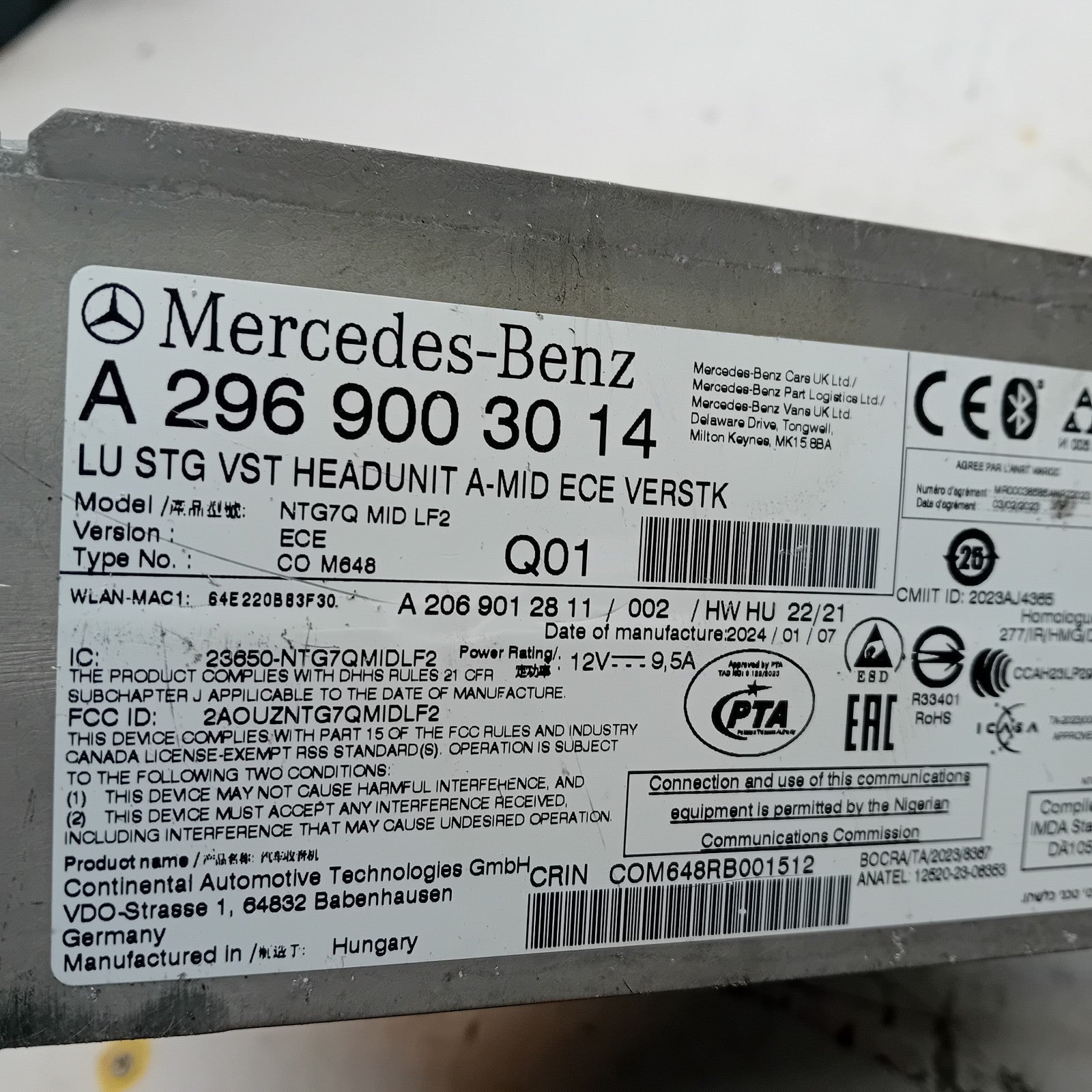 MERCEDES BENZ C CLASS W206 HEAD UNIT A MID ECE VERSTK A2969003014 FM001204