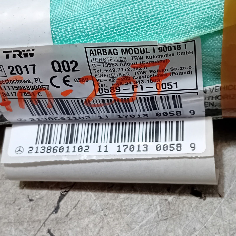 2020 MERCEDES E CLASS  LEFT PASSENGER SIDE ROOF CURTAIN A!R BAG 2138601102 FM197