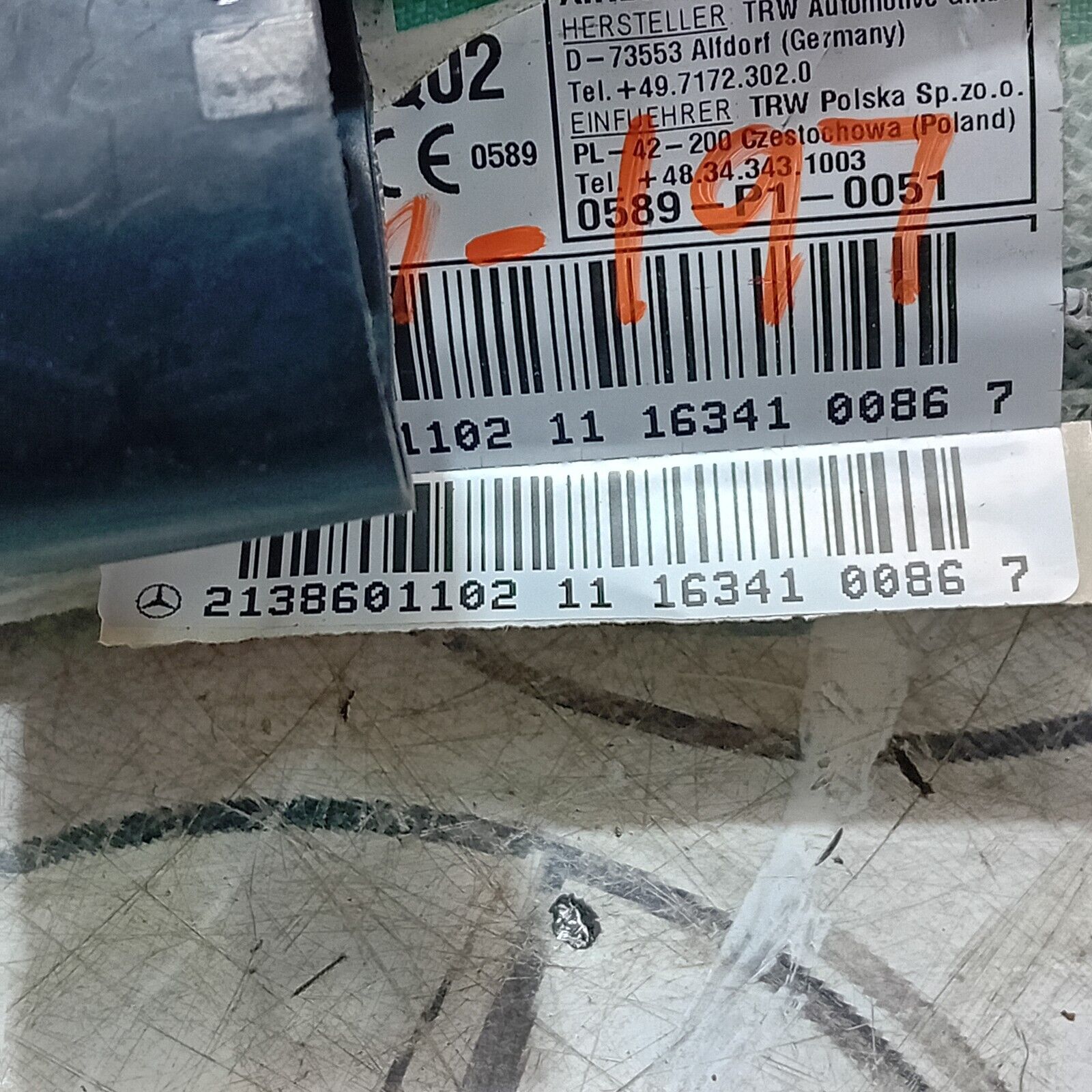 2020 MERCEDES E CLASS  LEFT PASSENGER SIDE ROOF CURTAIN A!R BAG 2138601102 FM197