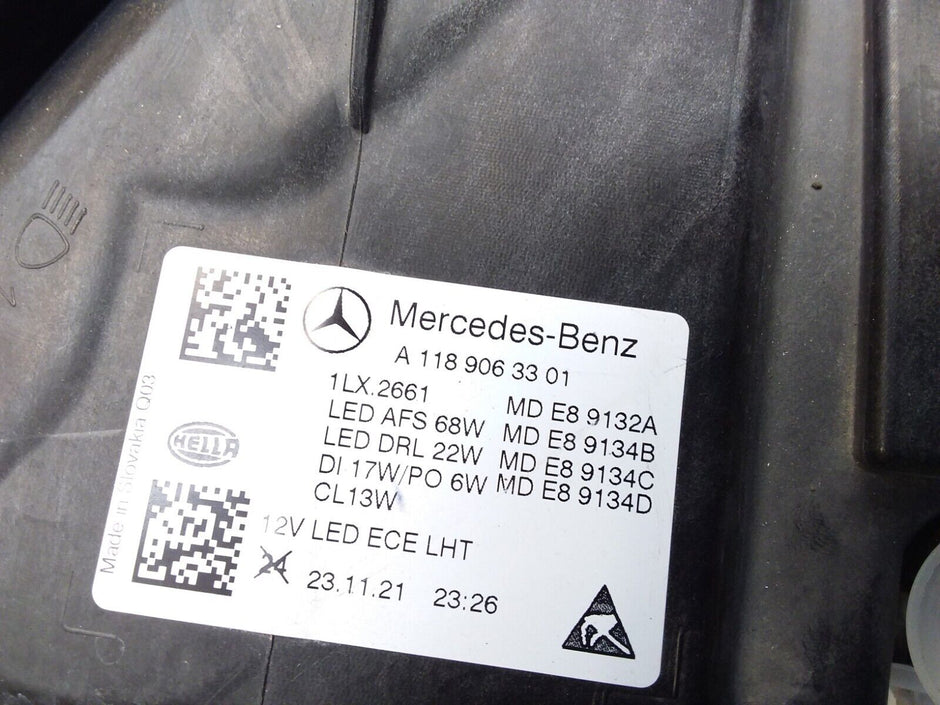 2021 MERCEDES CLA W118 HEADLIGHT PASSENGER NS A1189063301 FMH144 MULTIBEAM 