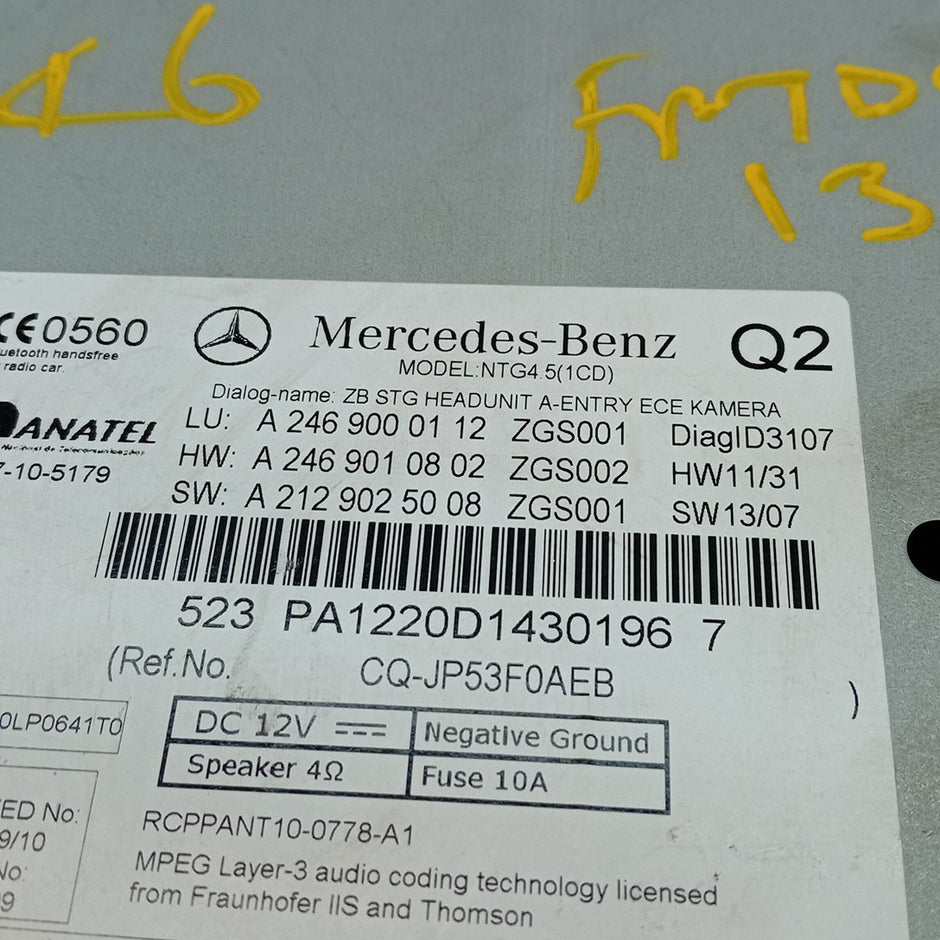 MERCEDES B CLASS W246 STEREO SAT NAV SYSTEM A2469000112 2012-19 FM001390