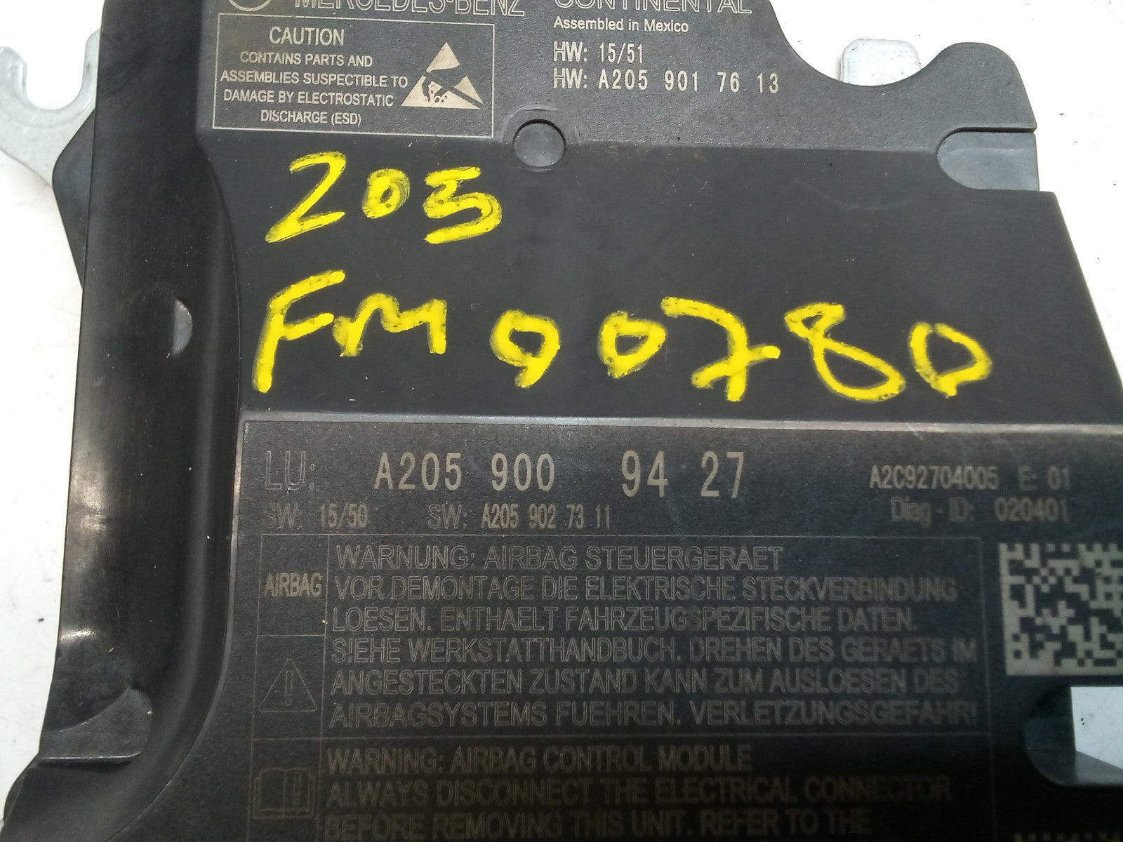 MERCEDES C-CLASS AIRBAG CONTROL MODULE W205 A2059009427 FM00780