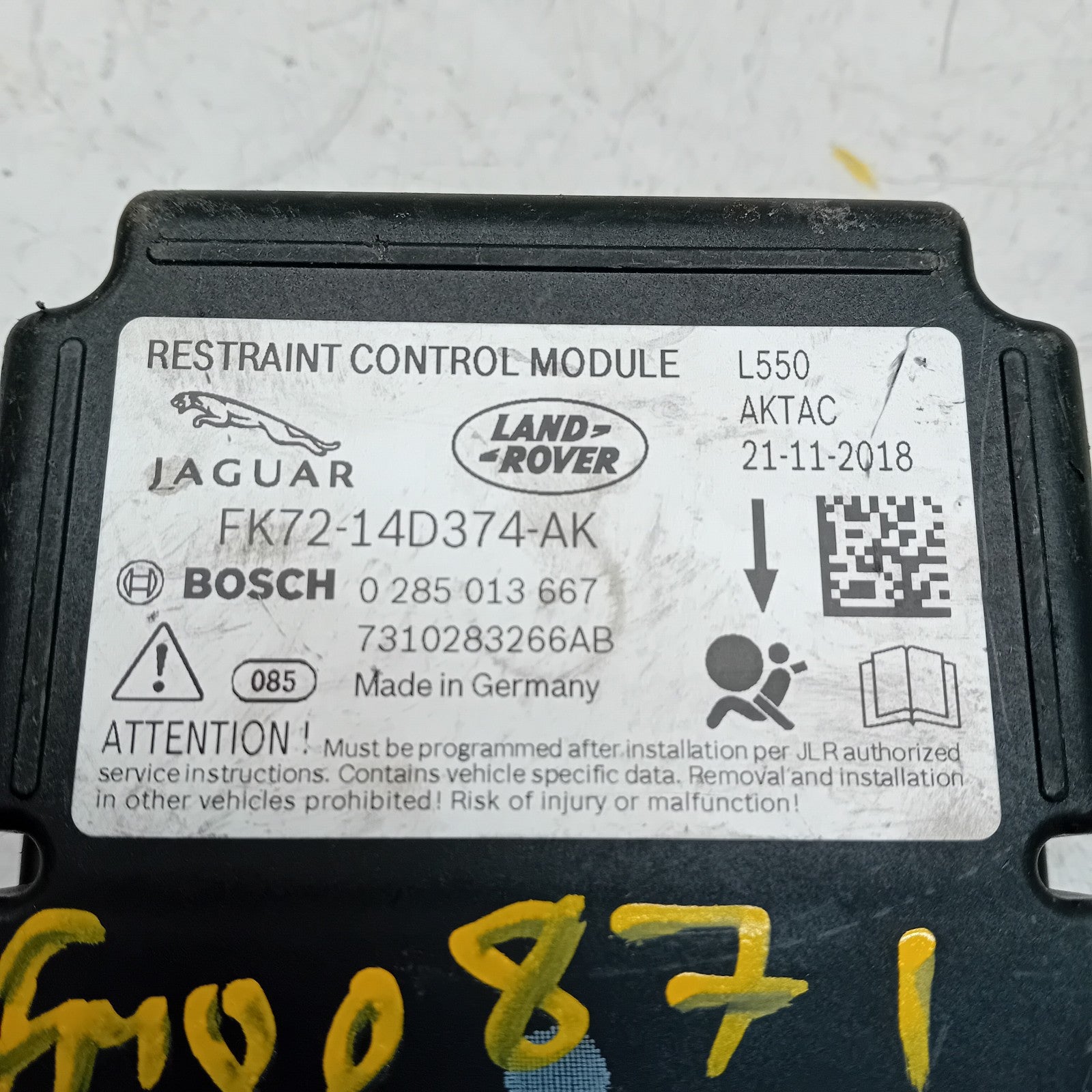LANDROVER DISCOVERY SPORT 2016 RESTRAINT CONTROL MODULE FK72-14D374-AK FM00871